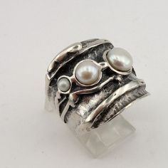 Hadar Jewelry Handcraffted Sterling Silver Pearl by hadarjewelry White Pearl Ring, Silver Pearl Ring, Wide Silver Ring, Metal Smithing, Freshwater Pearl Ring, Fine Ring, White Freshwater Pearl, Silver Filigree, Silver Pearls