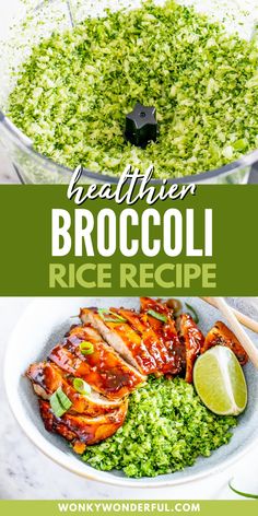 broccoli rice recipe in a bowl with limes and chicken on the side