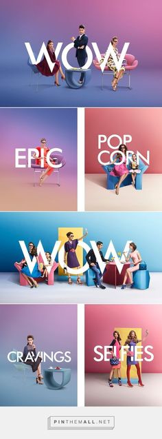 four different color images with the words wow and pop corn on them, all in different colors