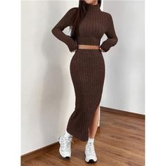 -Item Id 29907354 -Details: Split, Rib-Knit, Split Thigh -Neckline: High Neck -Sleeve Type: Regular Sleeve -Style: Casual -Color: Brown -Pattern Type: Plain -Tops Sleeve Length: Long Sleeve -Skirts Length: Long -Tops Length: Crop -Top Type: Tee -Bottom Type: Skirt -Skirts Material: Knitted Fabric -Tops Material: Canvas -Skirts & Tops Composition: 96% Polyester, 4% Elastane -Temperature: Spring/Fall (18-25/63-77) -Fit Type: Slim Fit -Fabric: Medium Stretch -Care Instructions: Machine Wash Or Prof High Waist Midi Skirt Outfit, Midi Rock Outfit, Batwing Sleeve Sweater, Batwing Sleeve Top, Midi Skirt Outfit, Rock Outfit, Skirts Midi High Waisted, Knit Crop Top, Mid Length Dresses