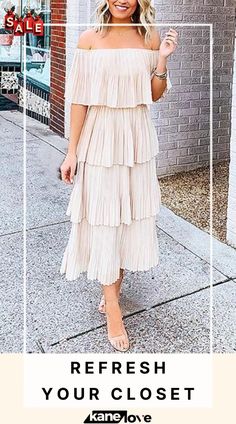 Off Shoulder Pleated Dress Summer Beige Pleated Midi Dress, Spring Pleated Tiered Midi Dress, Spring Cocktail Tiered Maxi Dress, Summer Tiered Pleated Midi Dress, Pleated Tiered Midi Dress For Brunch, Beige Pleated Spring Dress, Beige Tiered Dress For Spring, Beige Tiered Dresses For Spring, Spring Beige Midi Dress For Date Night