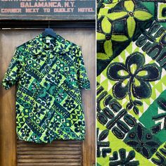 "Vintage 1960's Tiki Cotton Floral Pop Art Hawaiian Shirt. Tag Size M. Please check the measurements below. Very good condition. The label is \"Made in Hawaii\". Original 1960's. Tiki Hawaiian shirt with floral pattern. All Sales Final. Please ask any questions before purchase. Take a look at our Store for more Vintage Clothing - VintageOnHollywood. MEASUREMENTS Shoulder to Shoulder: 18\" Underarm to Underarm: 22\" Outer Sleeve Length (shoulder edge to cuff edge): 9 3/4\" Top to Bottom Length (f Vintage Green Shirt For Summer, Retro Green Shirt For The Beach, Retro Print Shirt For Beach, Vintage Green Summer Shirt, Retro Green Camp Shirt For Beach, Green Long Sleeve Cotton Hawaiian Shirt, Vintage Green Camp Shirt For Summer, Green Long Sleeve Hawaiian Cotton Shirt, Retro Green Camp Shirt For The Beach