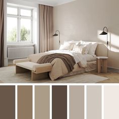 a bedroom is shown with neutrals and browns