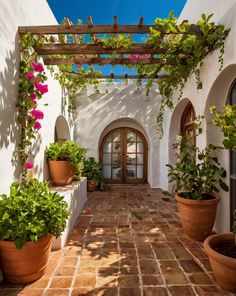 an outdoor patio with potted plants and doors