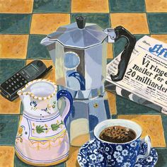 a painting of a coffee pot, teapot and other items on a tile floor