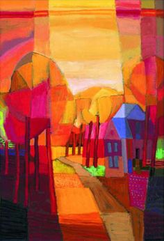 an abstract painting of colorful houses and trees