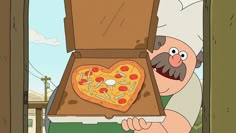 a cartoon character holding up a pizza box with a heart shaped pizza on it's side