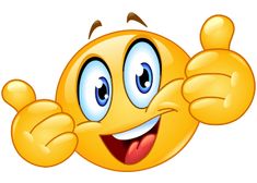 an emoticive yellow smiley face with two thumbs up and one hand in the air