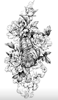 an ink drawing of a tiger surrounded by flowers