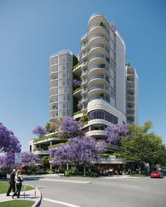 an artist's rendering of a building with purple trees in the foreground