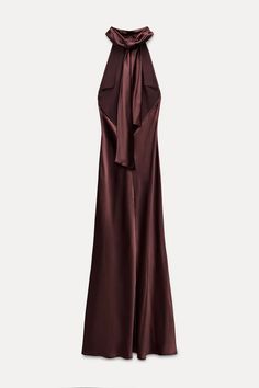 SATIN EFFECT HALTER NECK LONG DRESS - Wine | ZARA United States Layer A Satin Dress, Luxury Glamorous Satin Maxi Dress, Halter Neck Dress With Long Sleeves, Cross Halter Silk Dress, Luxury Draped Silk Dress For Women, Luxury Satin Glamorous Maxi Dress, Luxury Satin Sheath Maxi Dress, Luxury Formal Midi Dress With Cowl Neck, Luxury Pre-draped Silk Formal Dress