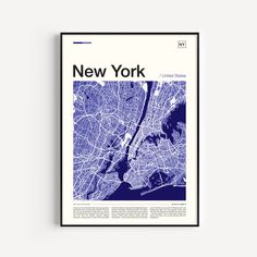 the new york city map is shown in blue and white, on a black frame