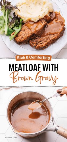 meatloaf with brown gravy on a white plate