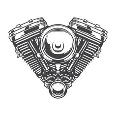 the front end of a motorcycle engine in black and white, on a white background