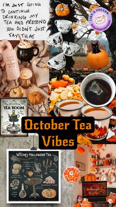 a collage of photos with pumpkins, tea cups and other items in them