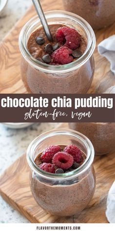 chocolate chia pudding with raspberries in a jar