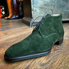 Green Suede Leather Classic Men Chukka Boot on Storenvy Dress Leather Boots, Handmade Leather Boots, Mens Dress Boots, Ankle Boots Dress, Suede Chukka Boots, Suede Chukkas, Handcrafted Boots, Leather Chukka Boots, Custom Design Shoes