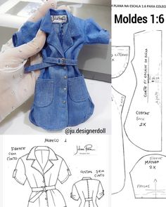 the sewing pattern is shown for this doll's shirt and pants, which are also made from denim