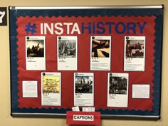 a bulletin board with pictures and captions on it that says instahistory