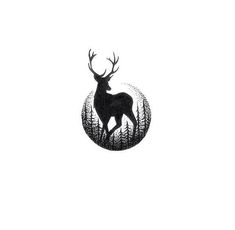 a black and white drawing of a deer in the woods