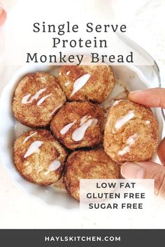 A soft and sweet and gooey Single Serve Protein Monkey Bread made with gluten free flour, protein powder and Greek yogurt. This healthy monkey bread for one has no yeast and no sugar; A quick post workout treat! Bread With Gluten Free Flour, Gluten Free Protein Recipes, Healthy Monkey Bread, Gluten Free Protein Snacks, Healthy Gluten Free Snacks, Devotion Recipes, Bread For One, Bariatric Snacks, Bariatric Breakfast