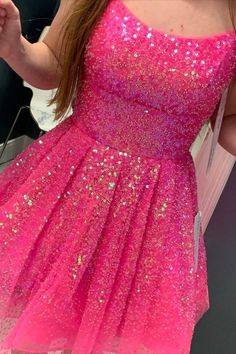 glitter straps hot pink sequins short homecoming dress #2021homecomingdress#hocodress#hotpinkhomecomingdress Hot Pink Hoco Dress, Bat Mitzvah Dresses, Dress Outfits Party, Bright Pink Dresses, Cute Formal Dresses, Hot Pink Mini Dress, Cute Dresses For Party, Pink Homecoming Dress, Pink Mini Dress