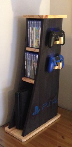 a book shelf made out of a video game system