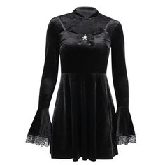 Gothic Dress Short, Witch Outfit Modern, Halloween Gothic Long Sleeve Vintage Dress, Gothic Flare Sleeve Dress, Witch Aesthetic Outfit, Black Lace Trim Witchy Dress, Gothic Long Sleeve Lace Mini Dress, Black Gothic Mini Dress With Lace Trim, Vestidos Retro