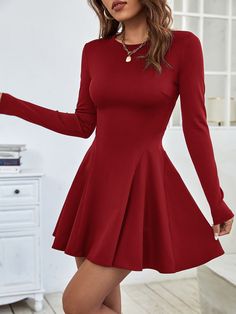 Flare Dress Casual, Black Long Sleeve Dress, Long Black Dress, Dresses For Teens, Fit N Flare Dress, Classy Dress, Belted Dress, Fit And Flare Dress, Fit Flare Dress