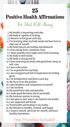 the 25 positive health affirmations list on a table with fruits and vegetables around it