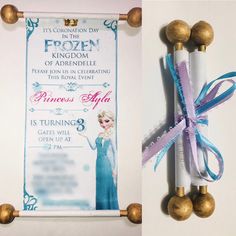 frozen princess birthday party printables with blue and purple ribbons, gold bells and decorations