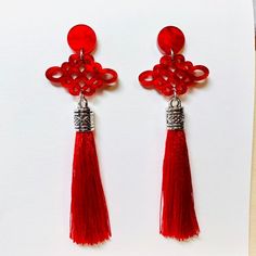 Asian Inspired Red Tassel Acrylic Earrings,  Chinese Lucky Knot Charm, Chinese New Year Red Earrings Chinese Lucky Knot, Chinese Jewelry Traditional, Earrings Asian, Asian Accessories, Chinese Accessories, Charms Earrings, Chinese Jewelry, Asian Jewelry, Traditional Earrings