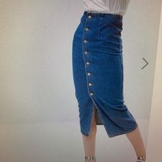 High Waist Denim Midi Skirt High Rise Denim Blue Skirt For Day Out, Chic Medium Wash Midi Skirt, High Rise Denim Skirt For Day Out, Chic Mid-rise Blue Denim Skirt, Denim Skirt Bottoms For Day Out, Chic High Rise Blue Denim Skirt, Chic Blue Straight Leg Denim Skirt, Chic Blue Denim Skirt Straight Leg, High Rise Medium Wash Skirt For Day Out