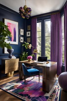 an office with purple curtains, blue chairs and a desk in front of a window