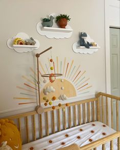 Cozy sunshine nursery Sunrise Nursery Theme, Yellow Themed Nursery, Sun Themed Nursery, Sunshine Themed Nursery, Sunshine Bedroom, Nursery Sunshine, Rainbow Nursery Theme, Unique Nursery Ideas, Sun Nursery