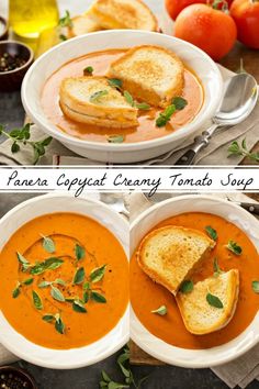 three different bowls of soup with toasted bread and tomatoes on the side, along with an image of tomato soup