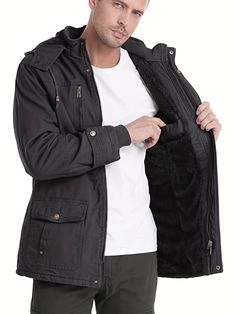 Jackets Casual, Tactical Jacket, Cargo Jacket, Pocket Pattern, Mens Hooded, Fleece Coat, Warm Coat, Men Winter, Stand Collar