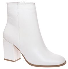 These booties are perfect to add a modern touch to your fall style this season. Features a faux leather upper and a side zipper that makes it easy to sip on and off. These booties will hit right above the ankle with a chunky heel height of approximate 3.5 inches. White Ankle Heeled Boots With Zipper, White Ankle Heeled Boots With Zipper Closure, White Zipper Closure Ankle Heeled Boots, Spring Ankle Heeled Boots With Zipper, Spring Ankle Heeled Boots With Zipper Closure, White Boots With Zipper For Fall, Faux Leather Ankle Booties With Stacked Heel, Chic Boots With Zipper Closure And Block Heel, White Boots With Zipper Closure For Fall