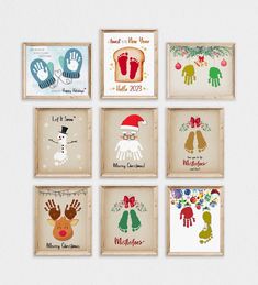 six framed christmas cards with hand prints on them