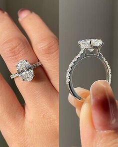 two pictures of a woman's hand holding an engagement ring