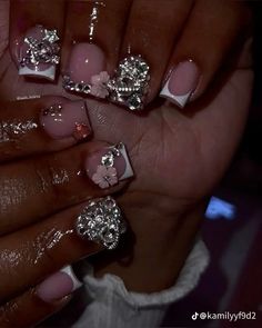 Nail Ideas Gel X Square, Short Gems Nails, Nails Acrylic For Birthday, Short Libra Nails, Birthday Nails Libra Season, Nail Ideas Polygel, French Tip With Gems Rhinestones, Acrylic Nail Designs Bling, Full Rhinestone Nails