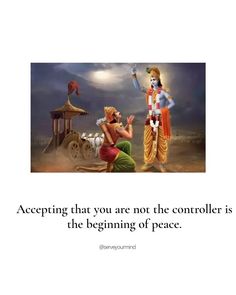 an image of two people in front of a sky with clouds and the words, accepting that you are not the controller is the beginning of peace