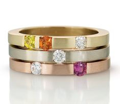 Gold & Stone Ring - These hand-fabricated square stacking rings feature a dazzling assortment of gemstones. Theyre crafted in 14k yellow, white, and rose gold set with sparkling diamonds and sapphires displaying brilliant yellow, orange, red, and flamingo pink hues. Available in half sizes 59. <br><br>Diamonds: .09 carats each; FG color, SI1 clarity. Gold Stone Ring, Stacked Rings, Stacking Ring Set, Flamingo Pink, Artful Home, Gold Ring Stack, Gold Stone, Pearl Diamond, Gold Set