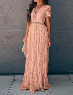 Deep V Neck Short Sleeve Floral Lace Bridesmaid Maxi Dress G4865 – wolddress Pink Lace Maxi Dress, Mom Wedding Dress, Dress Like A Lady, Vintage Dresses Casual, Cottage Core Style, Mother Of Bride Dress, Prom After Party, Blush Dress, Lace Bridesmaids