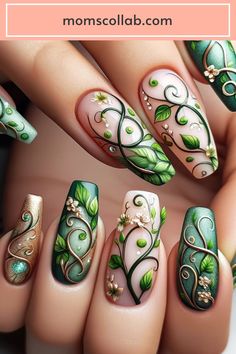 10 Fairy Garden Inspired Nail Designs to Unleash Your Inner Magic Nail Polish Art Designs, Themed Nails, Art Deco Nails, Fantasy Nails, Green Nail Designs, Pretty Nail Art Designs, Floral Nail Art, Winter Nail Art, Pretty Nail Art