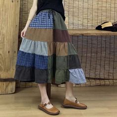 Olivia Mark - Lanmei Splicing Cotton Cake Skirt with Plaid Design Midi Skirt Skirt Patchwork, Flannel Skirt, Cotton Cake, Midi Skirt Casual, Velvet Midi Skirt, Cake Dress, Patchwork Clothes, Cake Skirt, Plaid Outfits