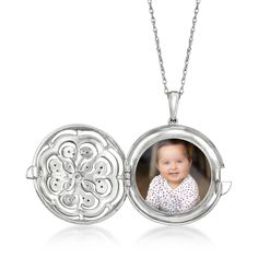 Ross-Simons - .10ct t. w. Diamond Floral Round Locket Necklace in Silver. 18". This beautiful round locket necklace honors your fondest memories of loved ones in style. Features a sparkling flower embellished with .10 ct. t. w. round diamonds and milgrain details in polished sterling silver. Fits a 3/4" photo inside. Suspends from a rope chain. Springring clasp, diamond floral round locket necklace. Diamond birthstones are the perfect gift for April birthdays. Round Locket Necklace, Round Locket, Diamond Birthstone, Jewelry Essentials, Women Men Shoes, Rope Chain, Locket Necklace, Locket, Round Diamonds