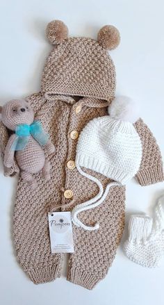 a knitted bear outfit with hat and booties