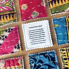 several different colored handkerchiefs with a poem written on one side and an ornamental design on the other