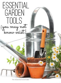 an image of gardening tools and flowers with text that reads essential garden tools you may not know exit